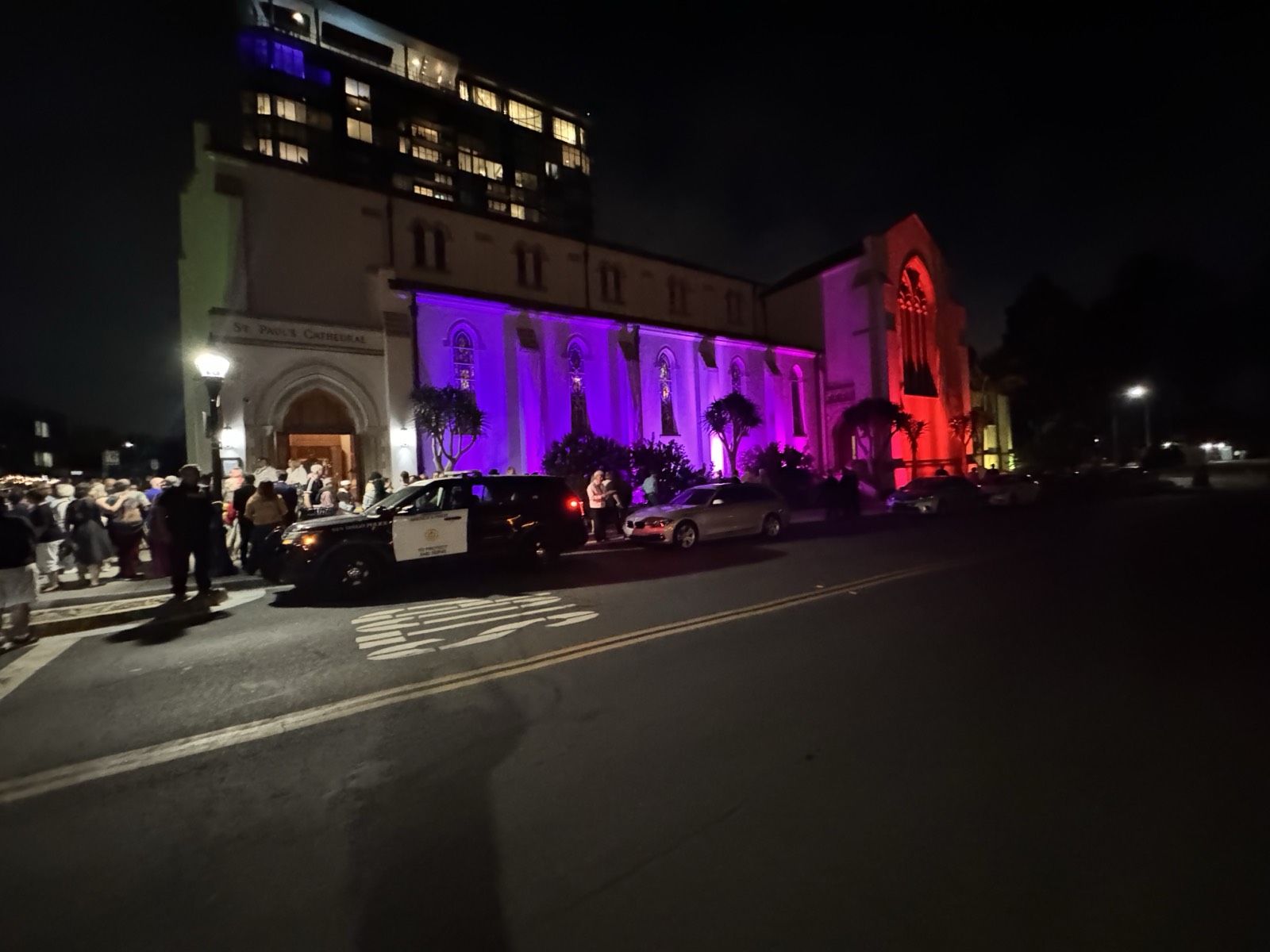St. Paul's Cathedral facade in purple and red dynamic lighting